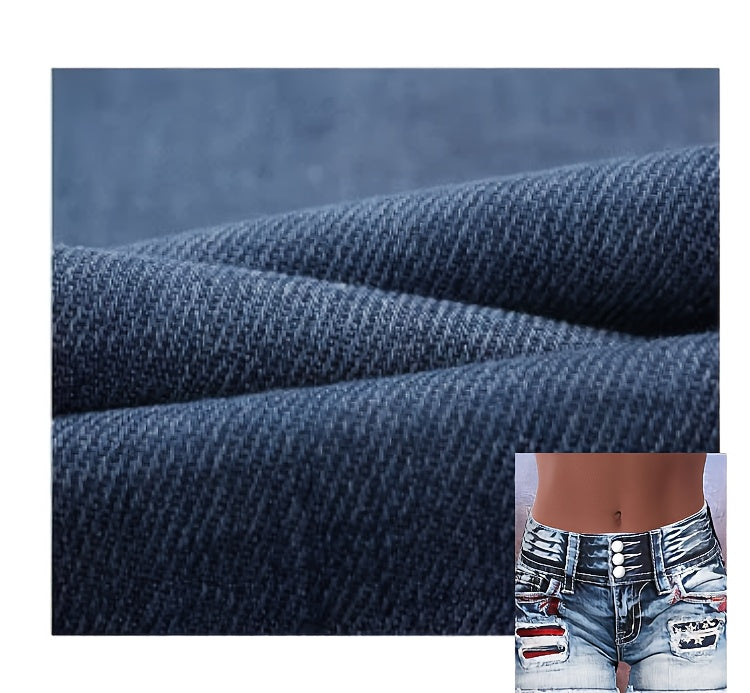 Stretch Denim Shorts for Women - Retro Color Block Embroidery Mid Rise Slim Fit, Built-In Zipper Machine Washable Cotton Blue Casual Jean Shorts for Spring Summer