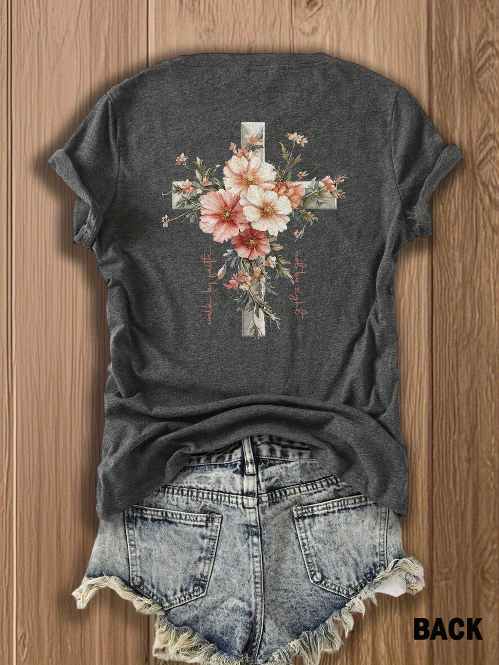 Jesus Floral Cross Double-Sided Print T-Shirt for Women - Faith Inspired Crew Neck Casual Christian Tee Summer Trendy Graphic Top
