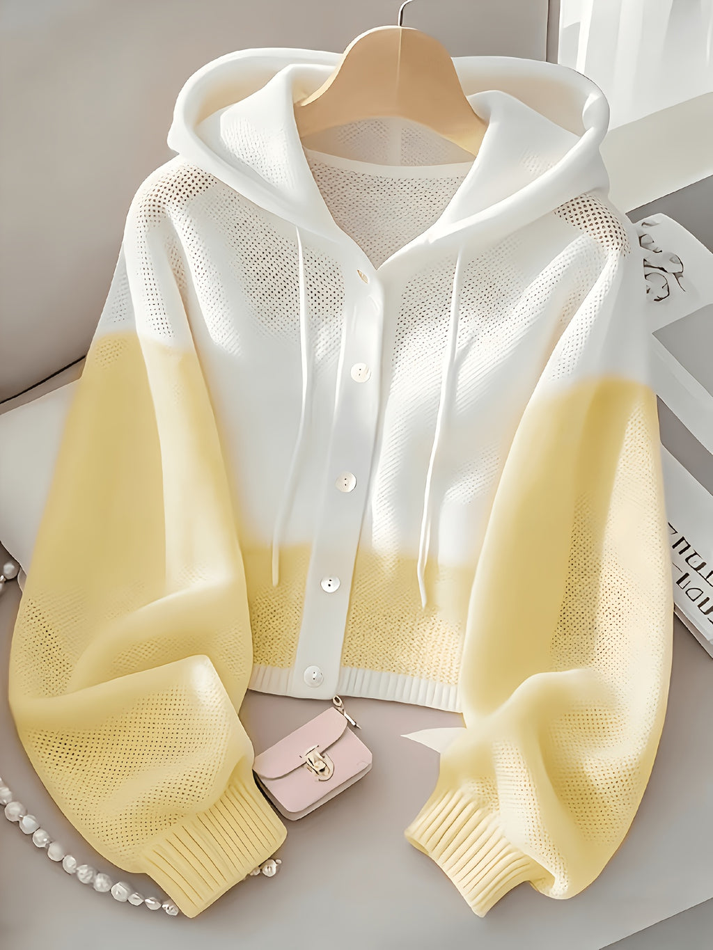 Color-Block Hoodie Cardigan Women's Yellow White Sporty Short Jacket | Casual Loose Zip-Up Top for Spring Summer Daily Wear Campus Streetwear