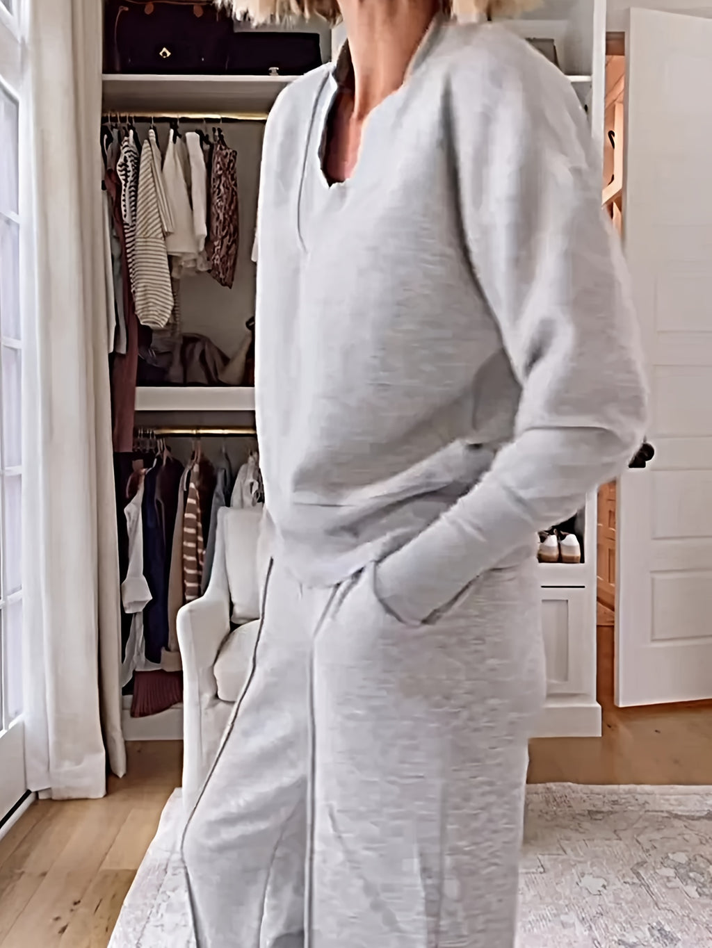 Women's 2 Piece Set V-Neck Long Sleeve Loose Top and Wide Leg Pants Casual Elegant Matching Outfit Spring Fall Fashion