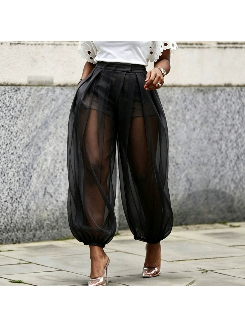 Mesh Tulle Harem Pants Women High Waist Built-In Shorts Balloon Wide Leg Trousers Solid Color Pockets Spring Summer Casual 9/10 Length S-XXL