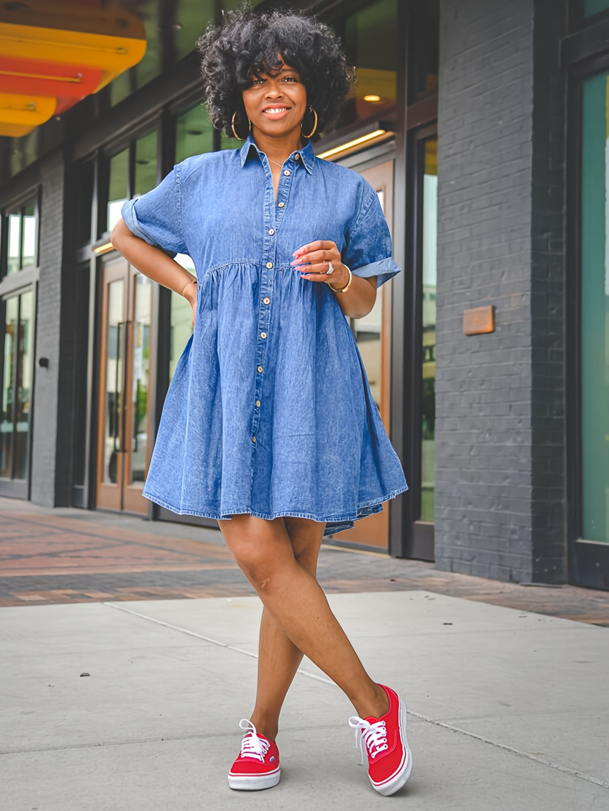 Denim Shirt Dress Women Short Sleeve Button Flared Hem Babydoll Jean Dress Casual Summer Spring S-XXL