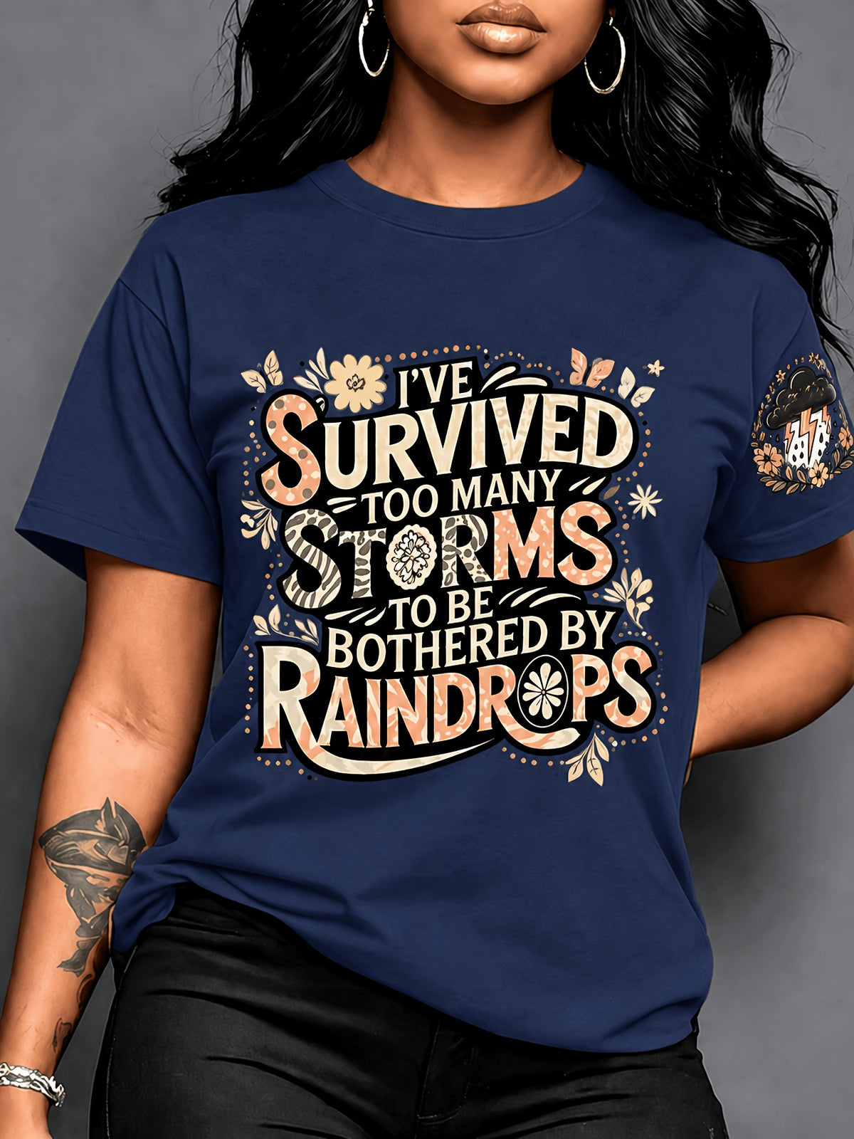 Women's Casual Graphic Crew Neck T-Shirt 'I've Survived Too Many Storms' Print | Maternity Clothes Ladies Top Opaque Fabric Seasonal Fashion
