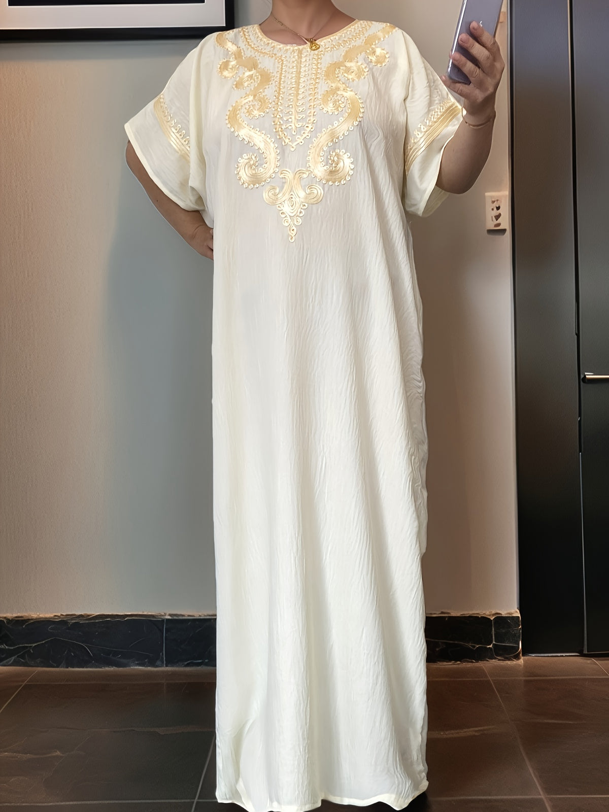 Women's Kaftan Dress Muslim Short Sleeve Round Neck Modest Robe for Hajj Eid Wedding Everyday Wear Year-Round Comfortable Cultural Dress for Women