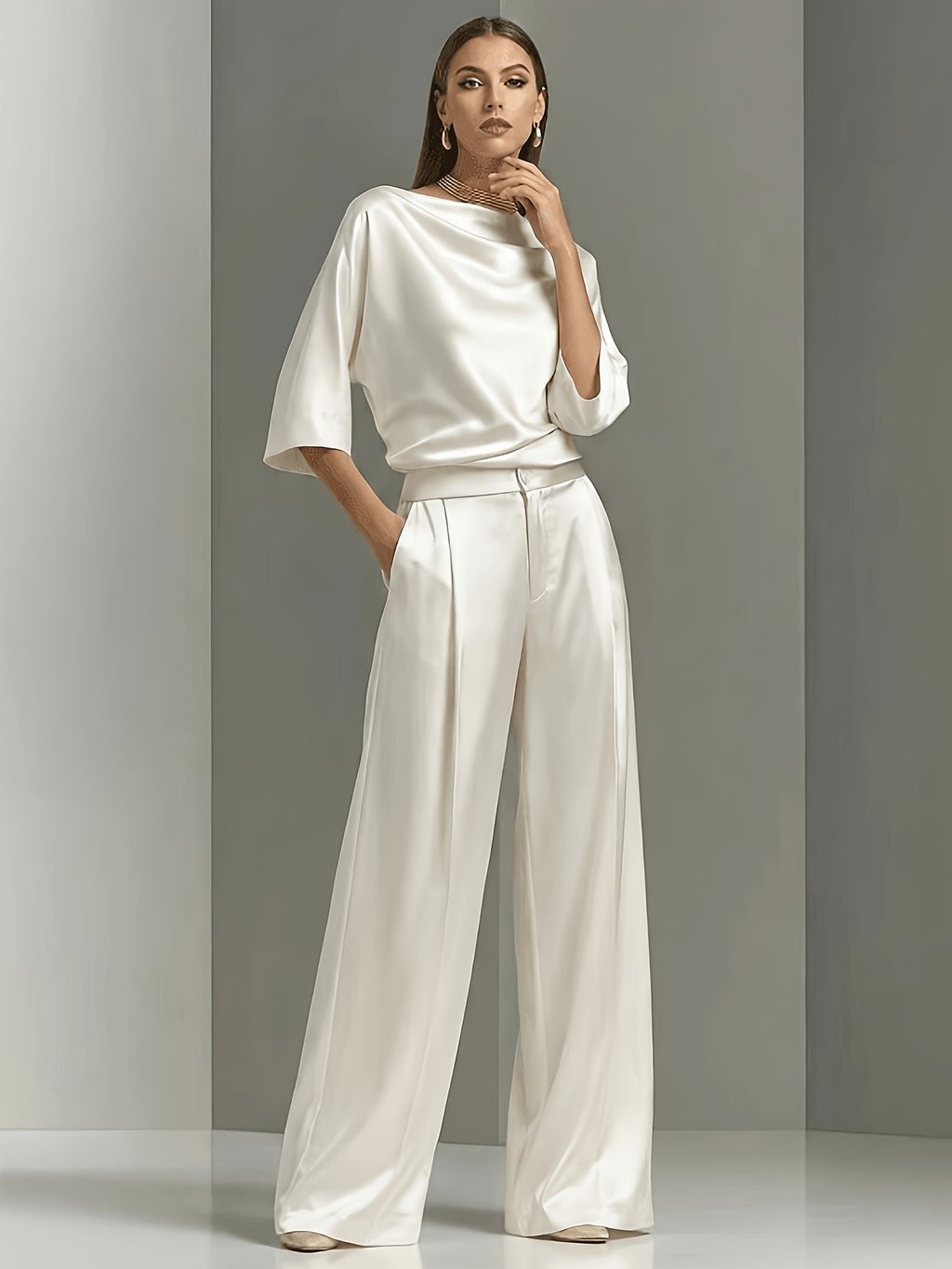 Satin 2 Piece Outfit Set Women Cowl Neck Top High Waist Wide Leg Pants Elegant Formal Business Wedding Guest Office Suit Fall Winter S-XXL
