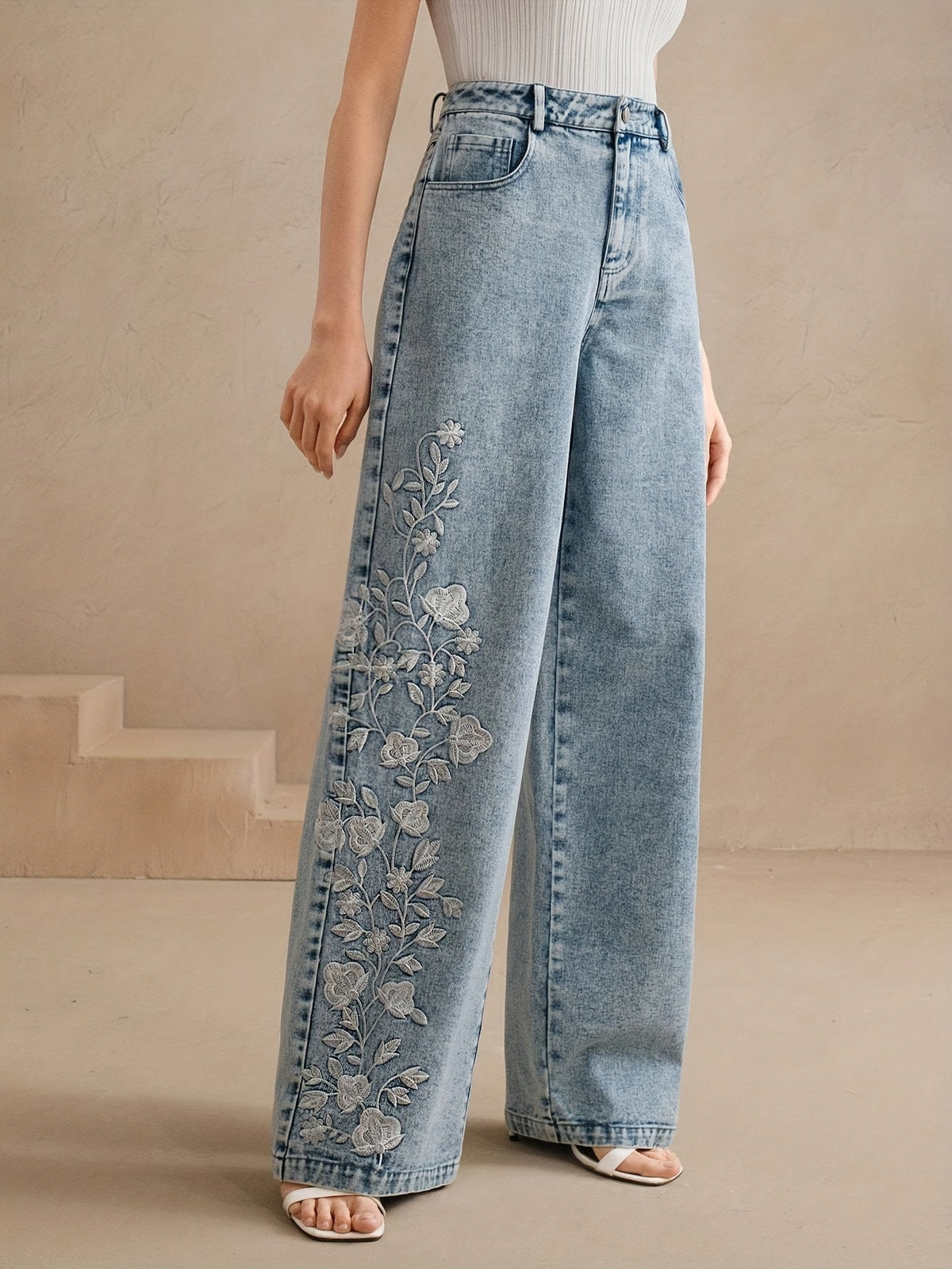 Floral Embroidered Denim Trousers for Women - Elegant Botanical Embroidery Jeans, Stylish Casual Denim Pants for Everyday & Special Occasion Outfits