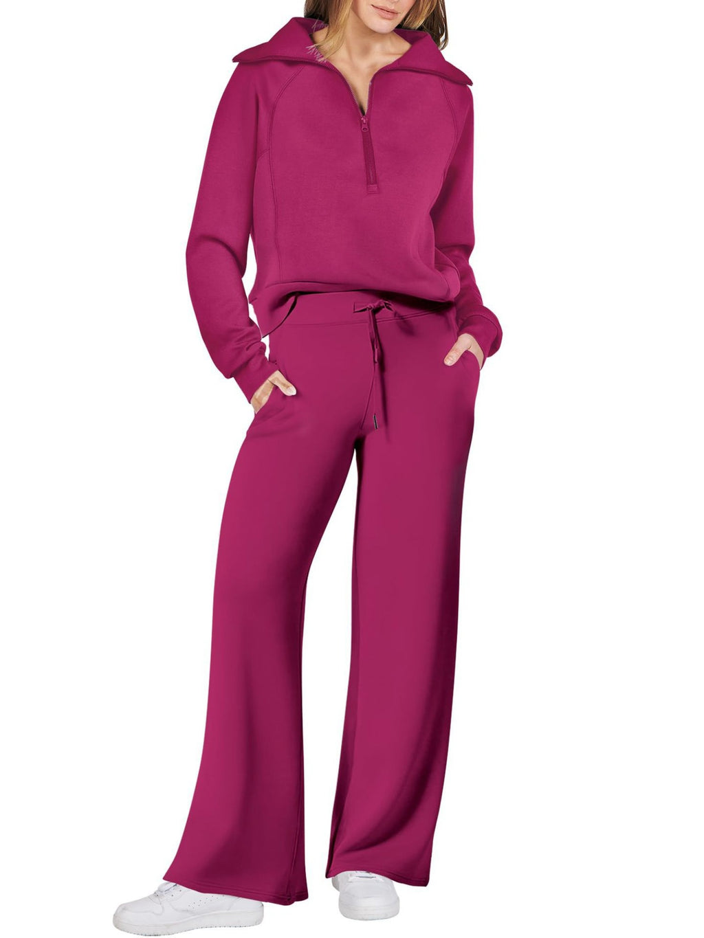 Zipper Sweatshirt Wide-Leg Pants 2 Piece Set Women Casual Tracksuit Outfit for Spring Fall - Loose Fit Jogger Co-ord Set