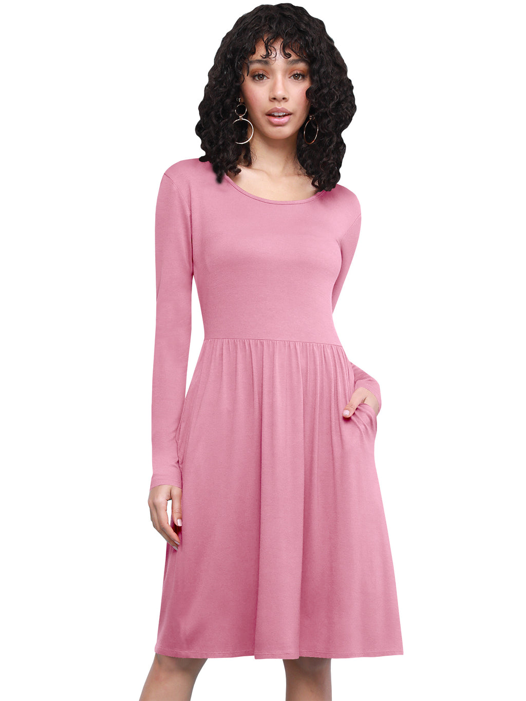 Long Sleeve Flowy Dress with Pockets Women Casual Soft Breathable Relaxed Fit Everyday Dress 18 Colors S-XXL