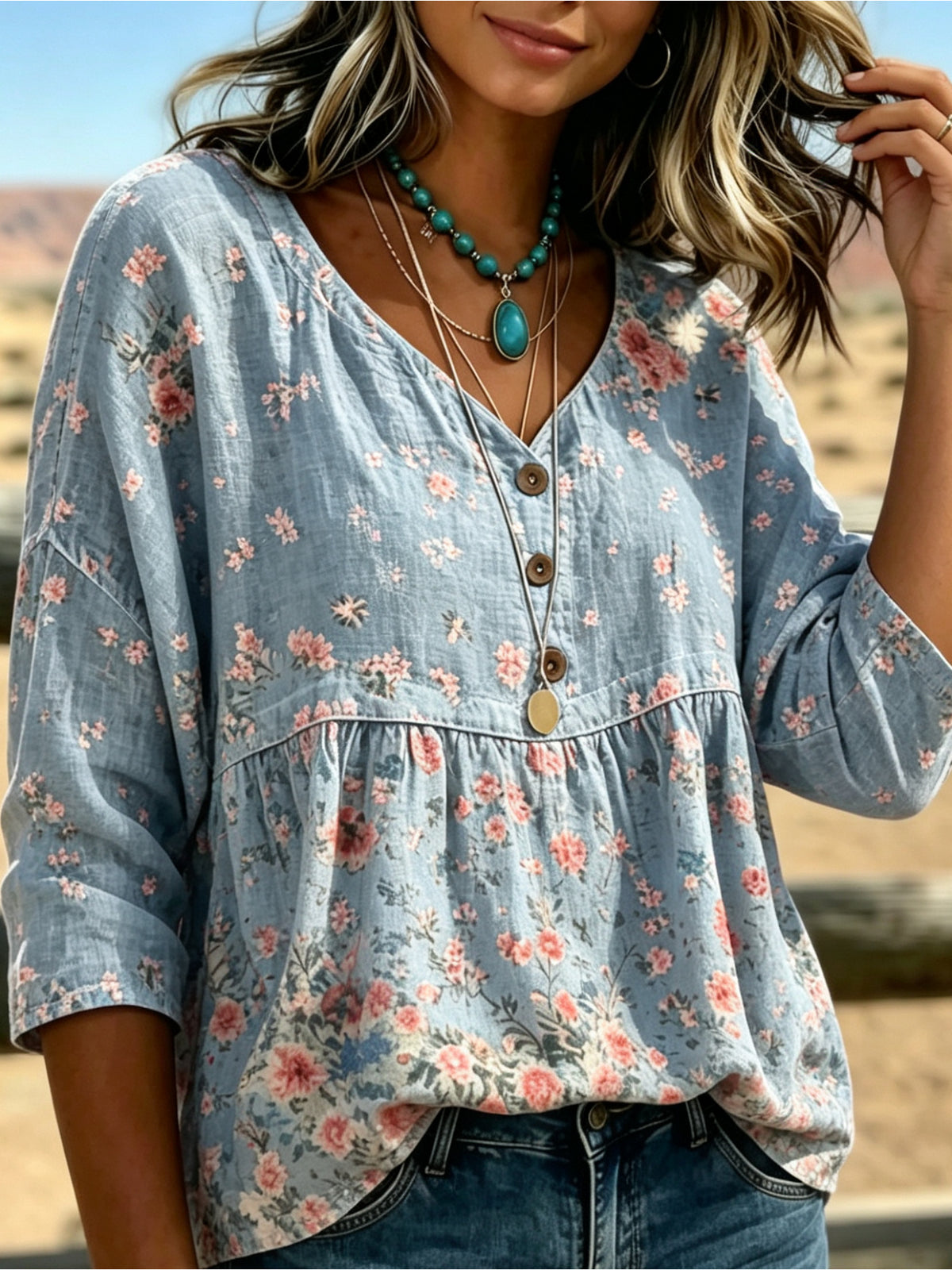 Ditsy Floral Babydoll Blouse Women 3/4 Sleeve V-Neck Light Denim Blue Casual Flowy Spring Summer Top S-XXL