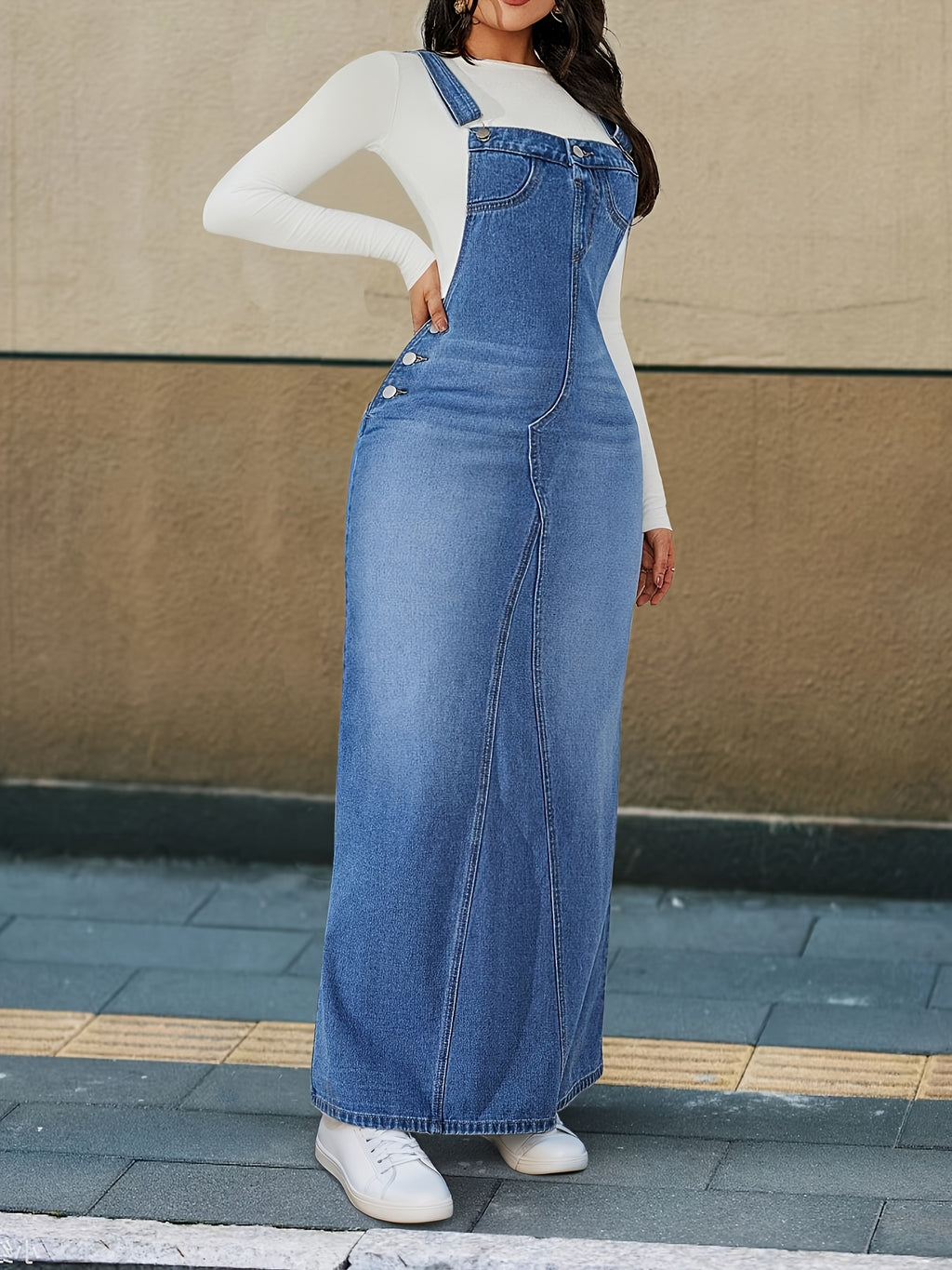 Women's Denim Maxi Dress Loose Fit Detachable Strap Button Closure Casual Chic Long Dress Spring Summer Fall