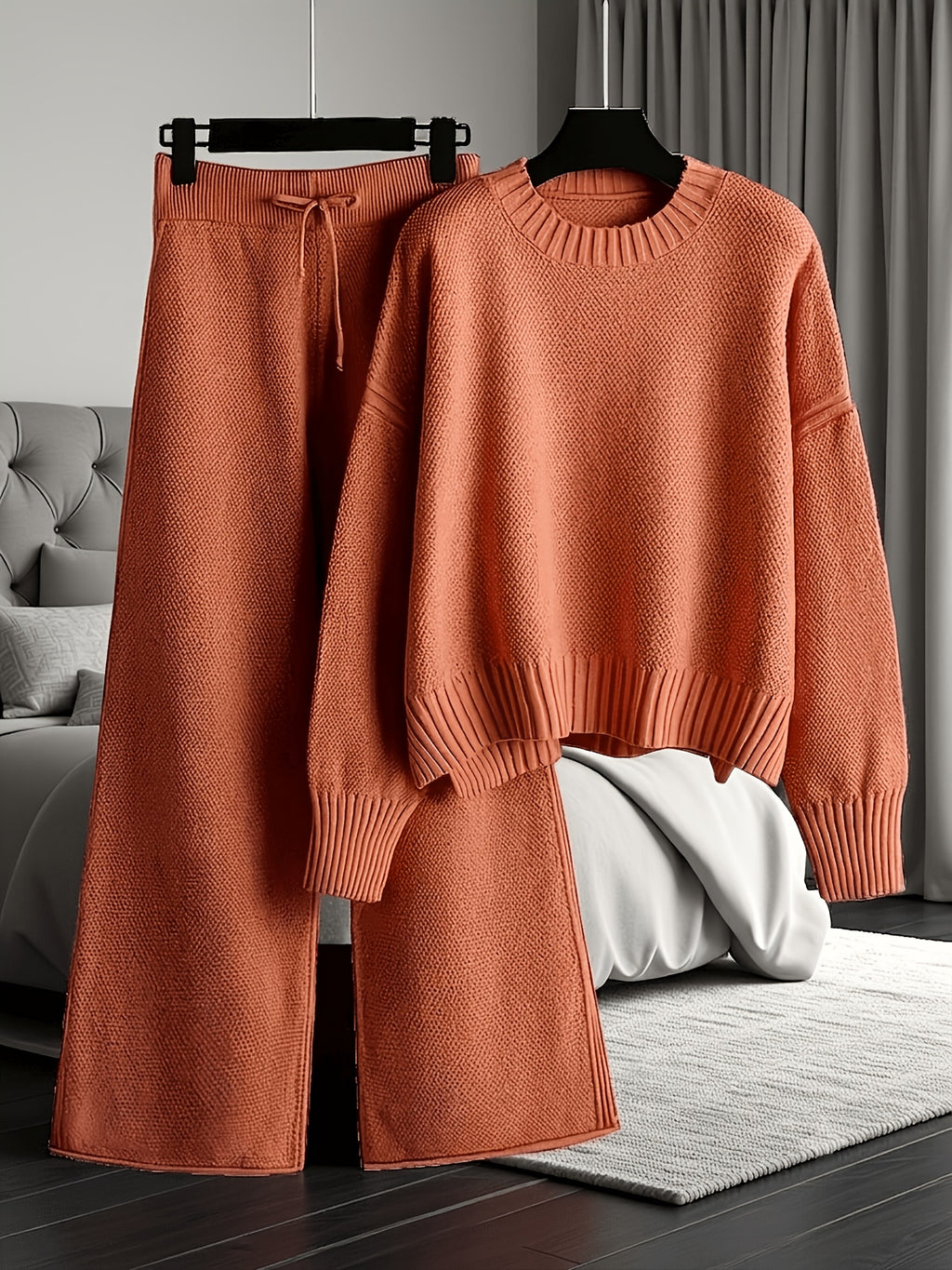 Waffle Texture Two-Piece Set Women Long Sleeve Hoodie High Waist Wide Leg Pants Casual Loose Retro Fall Tracksuit Set S-XXL