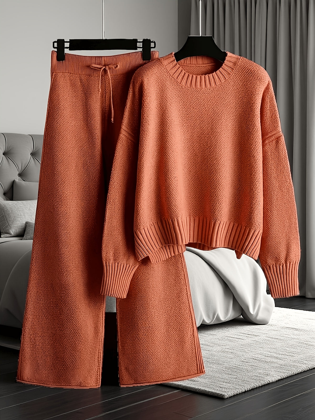 Waffle Texture Two-Piece Set Women Long Sleeve Hoodie High Waist Wide Leg Pants Casual Loose Retro Fall Tracksuit Set S-XXL