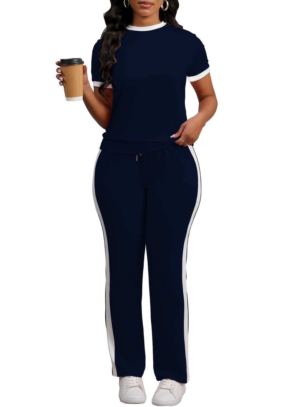Women Colorblock 2 Piece Tracksuit Set Short Sleeve Crew Neck Top Striped Sweatpants Casual Lounge Jogger Matching Outfit for Workout Everyday Wear