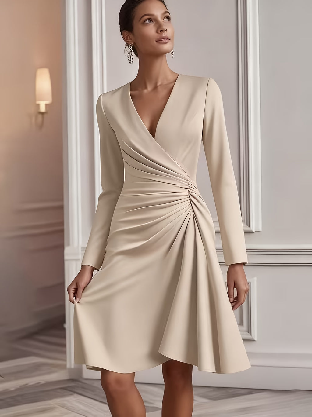 Pleated Waist V-Neck Slim Dress Women Long Sleeve Solid Color Waist-Cinching Elegant Work Party Daily Spring Fall Dress S-XXL