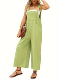 Women's Cotton Linen Wide Leg Jumpsuit Overalls Adjustable Strap Square Neck Zipper Romper Pants Casual S-XL