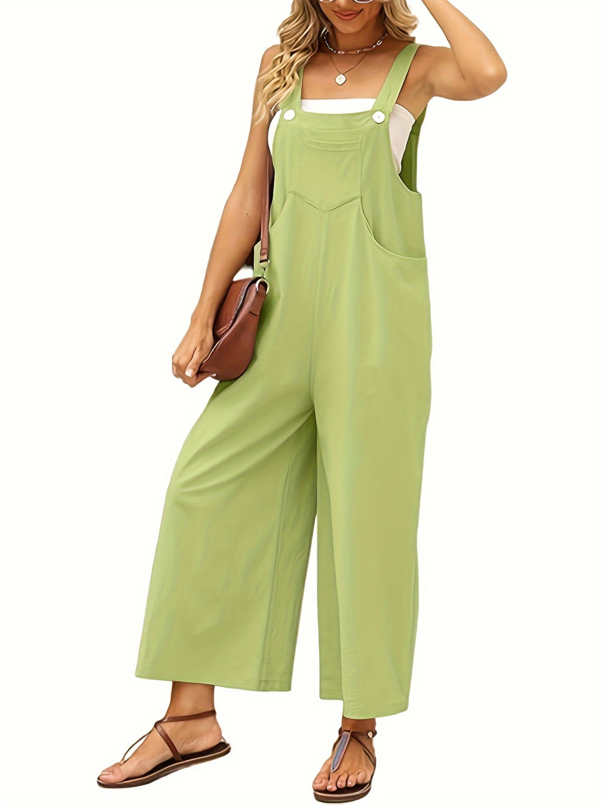 Women's Cotton Linen Wide Leg Jumpsuit Overalls Adjustable Strap Square Neck Zipper Romper Pants Casual S-XL