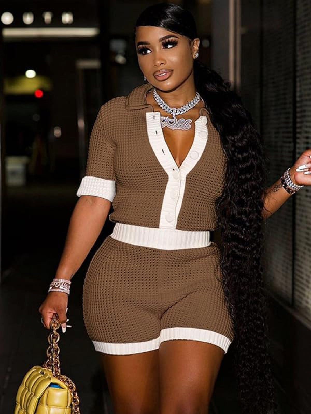 Women's Y2K Crochet 2pcs Set Color-Block Cut-Out Button Shirt & Shorts Summer Beach Club Vacation Outfit Knit Matching Set