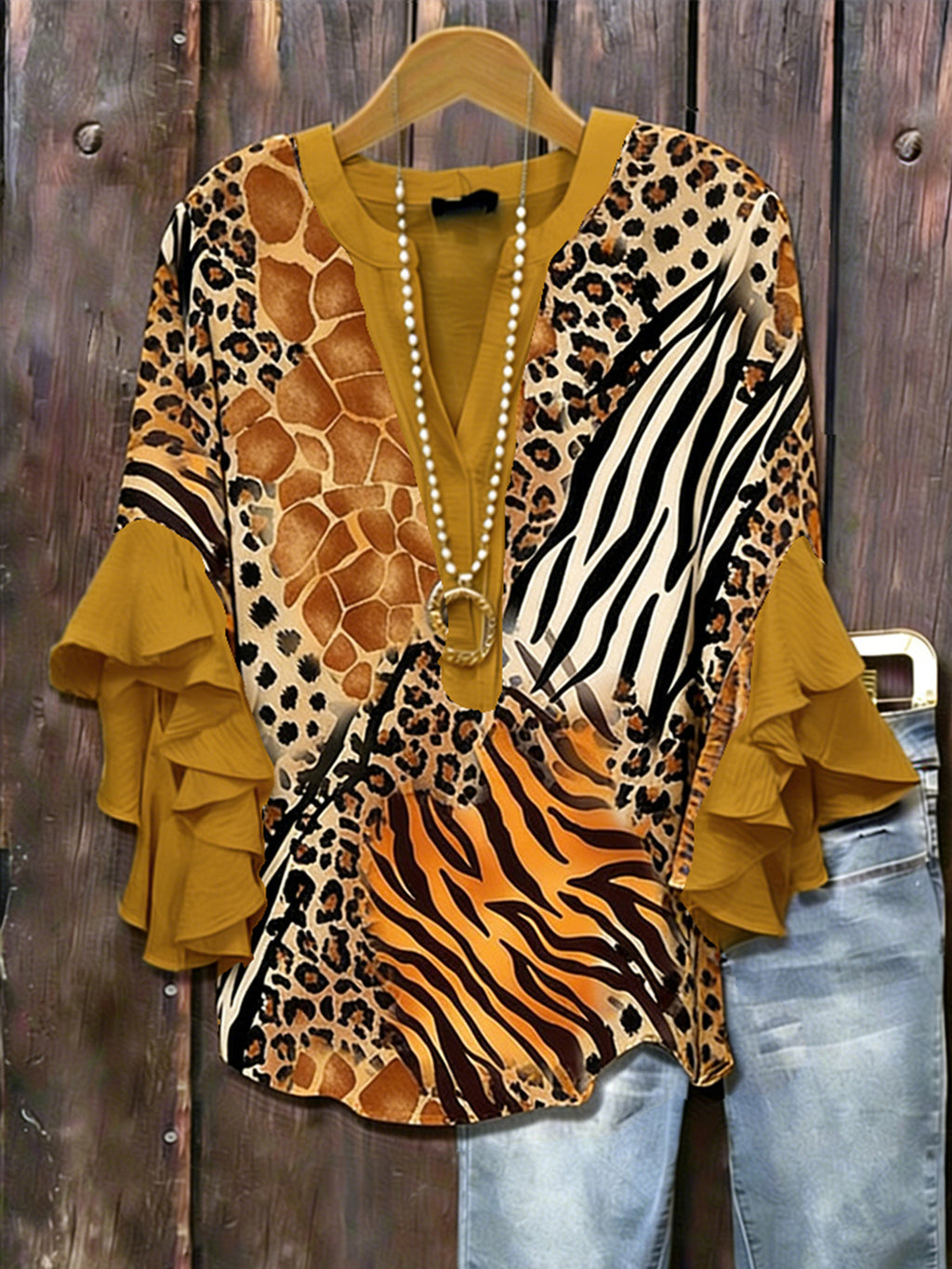 Animal Print Ruffle Sleeve Tunic Top Women V-Neck Long Blouse Three Quarter Patchwork Loose Fit Casual Daily Commute Date Night 95% Polyester