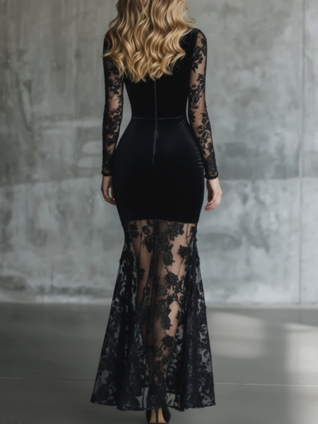 Black Lace Fishtail Maxi Dress for Women Sheer Panel Vintage Evening Party Formal Date Year-Round Sensual Dress