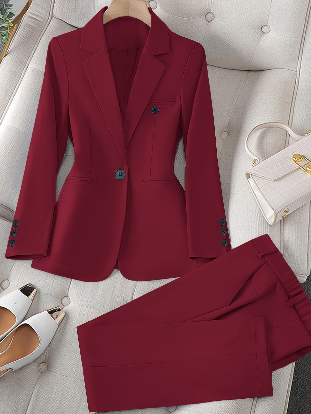 Women's 2 Piece Business Suit Set Solid Color Long Sleeve Blazer Jacket and Trousers Professional Work Outfit Elegant Pantsuit Matching Set