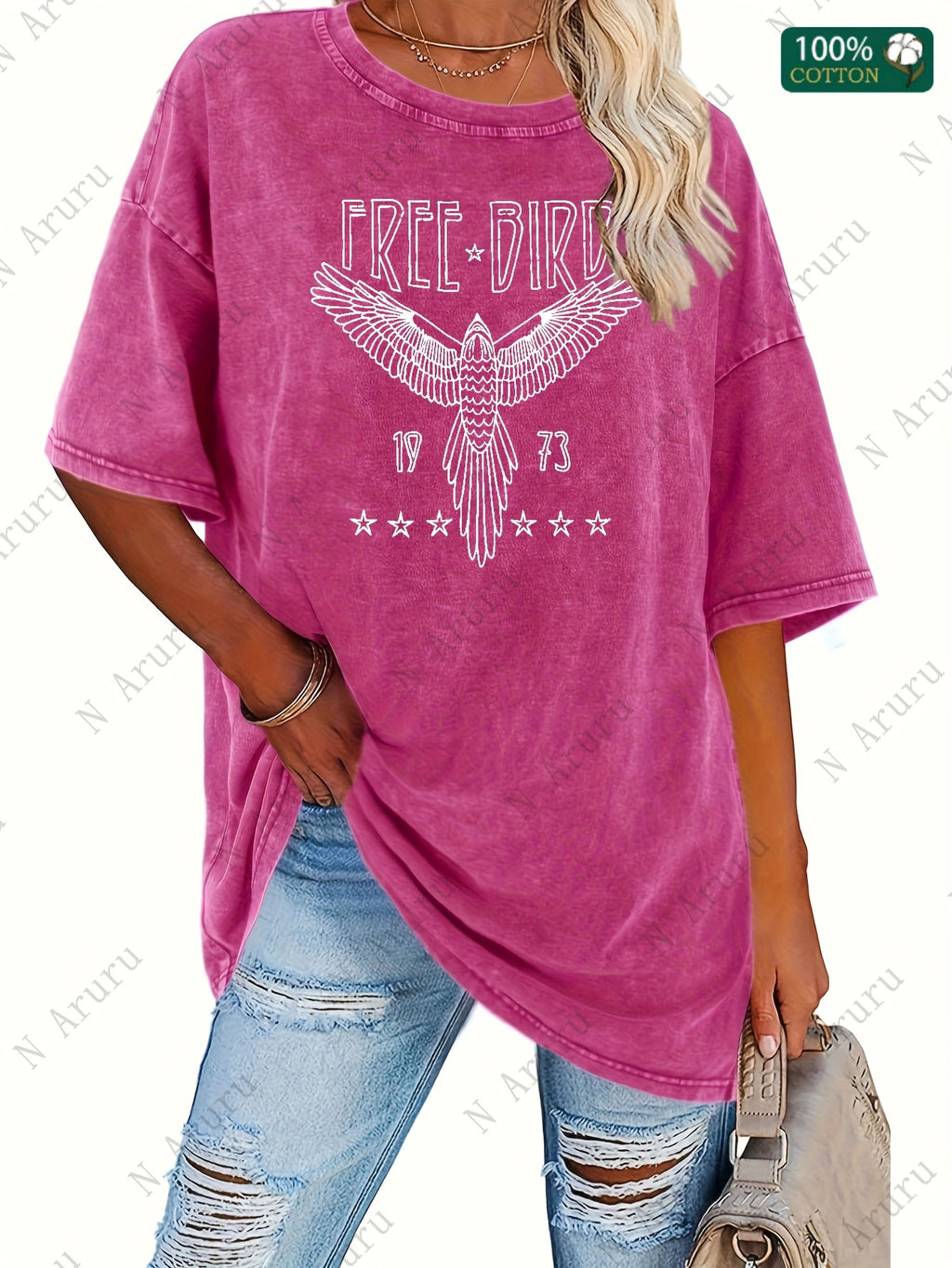 Women's Free Bird Graphic T-Shirt Washed Retro Round Neck Short Sleeve Thick 230g Street Style Casual Tee