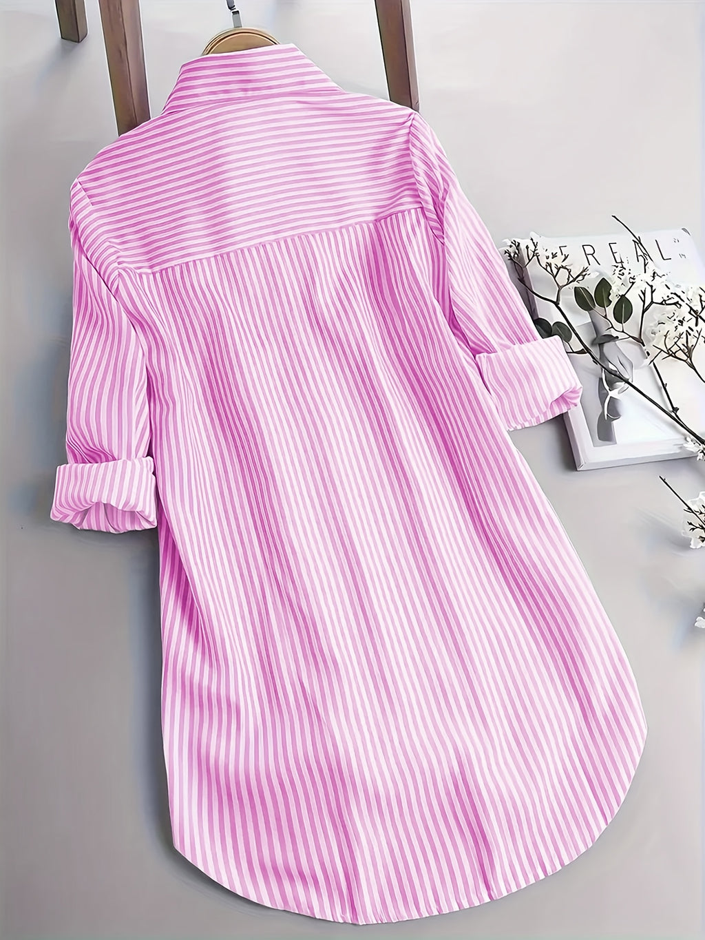 Striped Long Sleeve Shirt Women Loose Fit Woven Casual Blouse Spring Fall Top 2 Colors S-XXL
