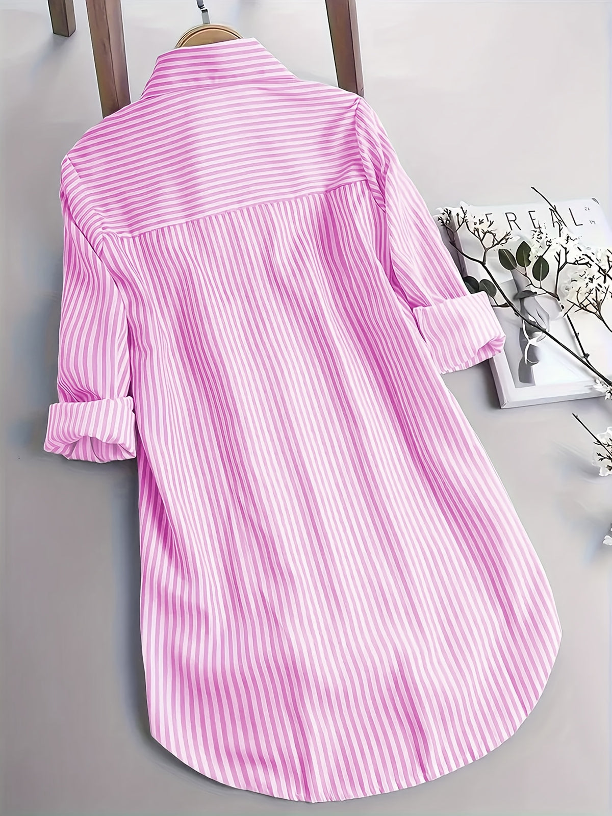Striped Long Sleeve Shirt Women Loose Fit Woven Casual Blouse Spring Fall Top 2 Colors S-XXL