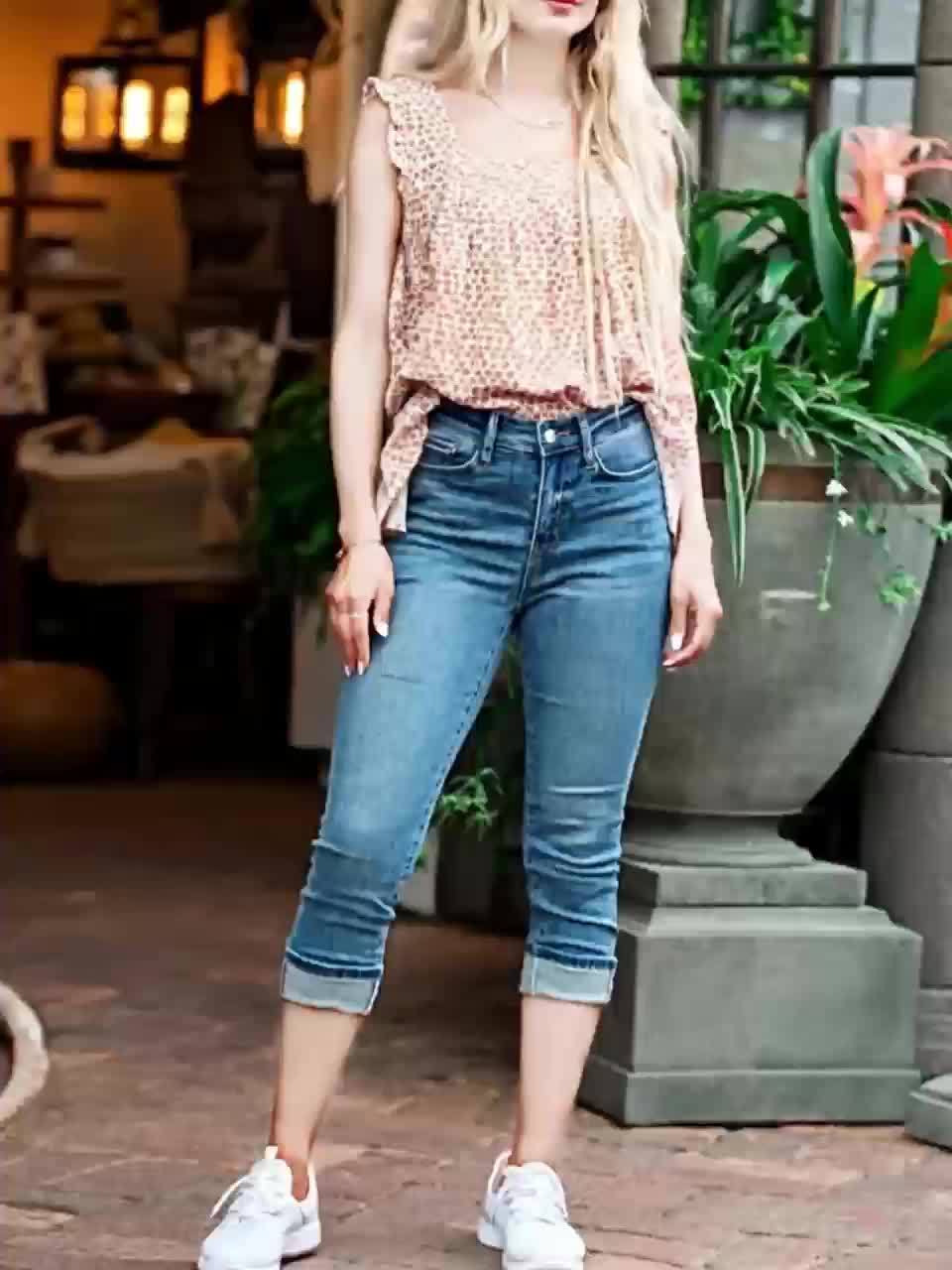 High Waist Retro Blue Denim Capri Pants Women - Stretchy Button Front Straight Leg Mid-Thigh Jeans for Spring Summer Fall S-XXL