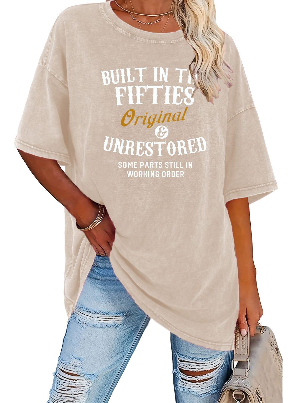 Retro Washed Print Loose T-Shirt for Women - 230g Thick Crew Neck Short Sleeve Street Style Casual Tee Spring Summer Machine Washable