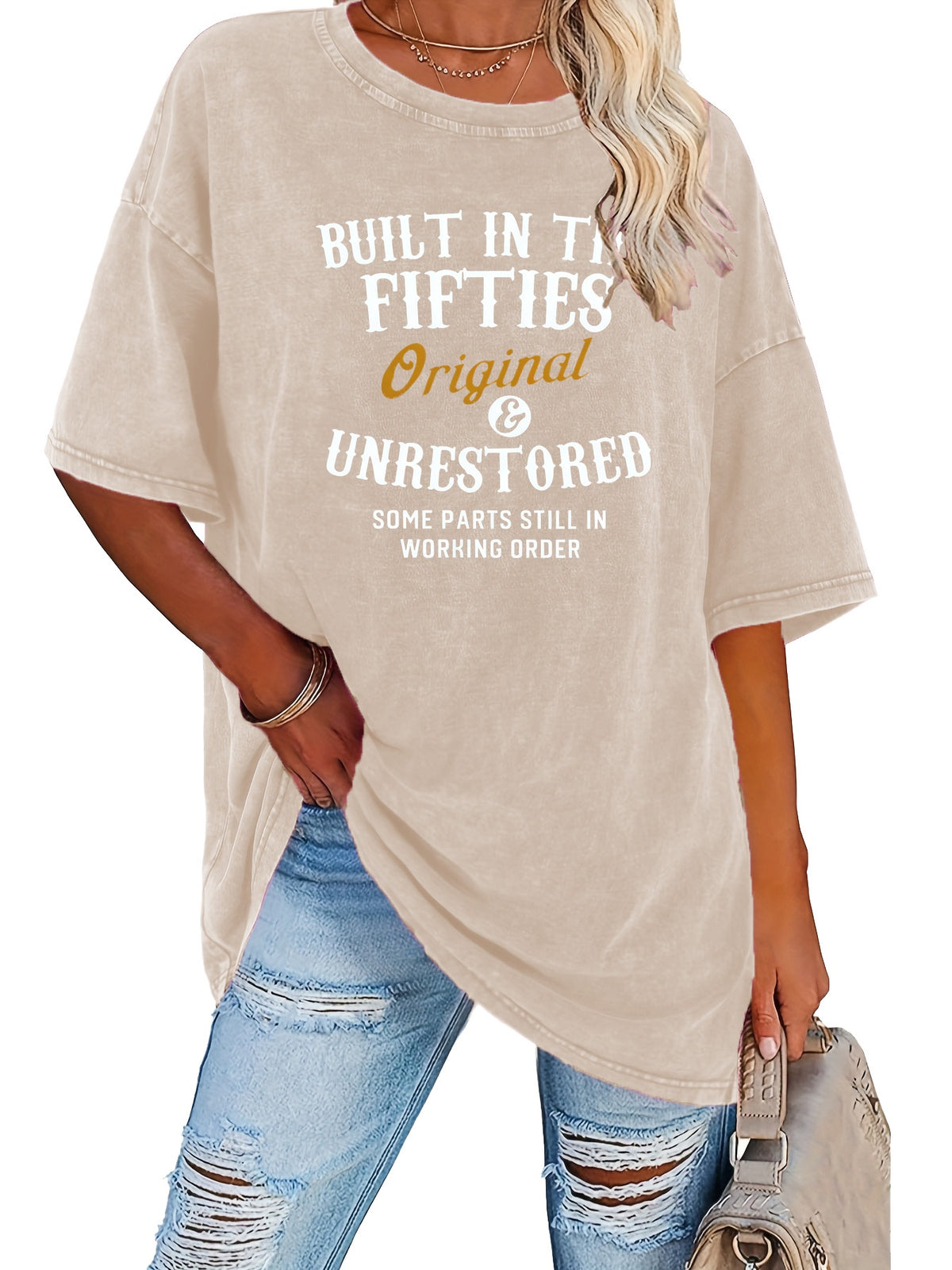 Retro Washed Print Loose T-Shirt for Women - 230g Thick Crew Neck Short Sleeve Street Style Casual Tee Spring Summer Machine Washable
