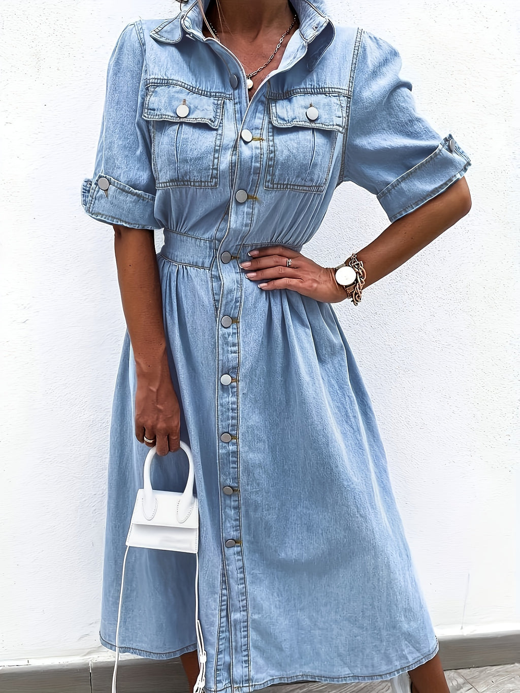 A-Line Denim Shirt Dress Women Collared Short Sleeve Button Front Pocket Jean Dress Casual Solid Color Spring Summer Everyday Wear