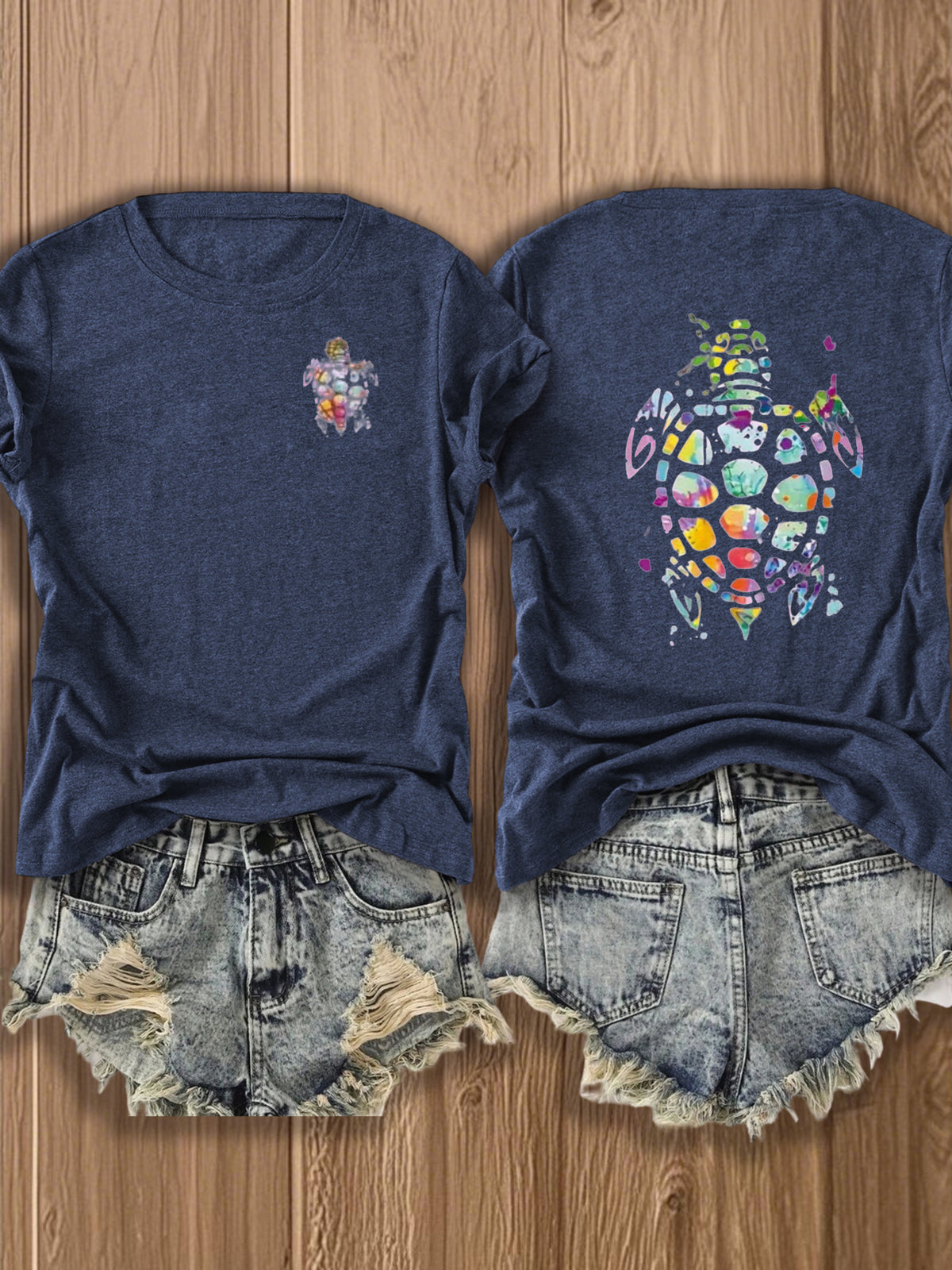 Tribal Turtle Print T-Shirt Women Colorful Artistic Double-Sided Graphic Tee Casual Beach Summer Top Nature Lover Gift S-XXL