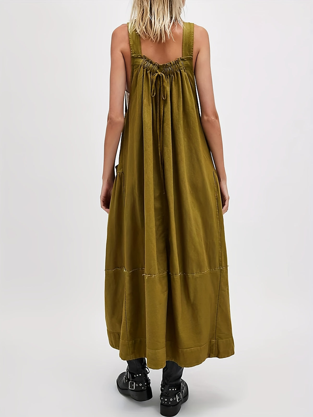 Overall Dress Women Loose Adjustable Strap Midi Length Big Pockets Workwear Casual Bib Jumper Dress Spring Summer S M L XL XXL
