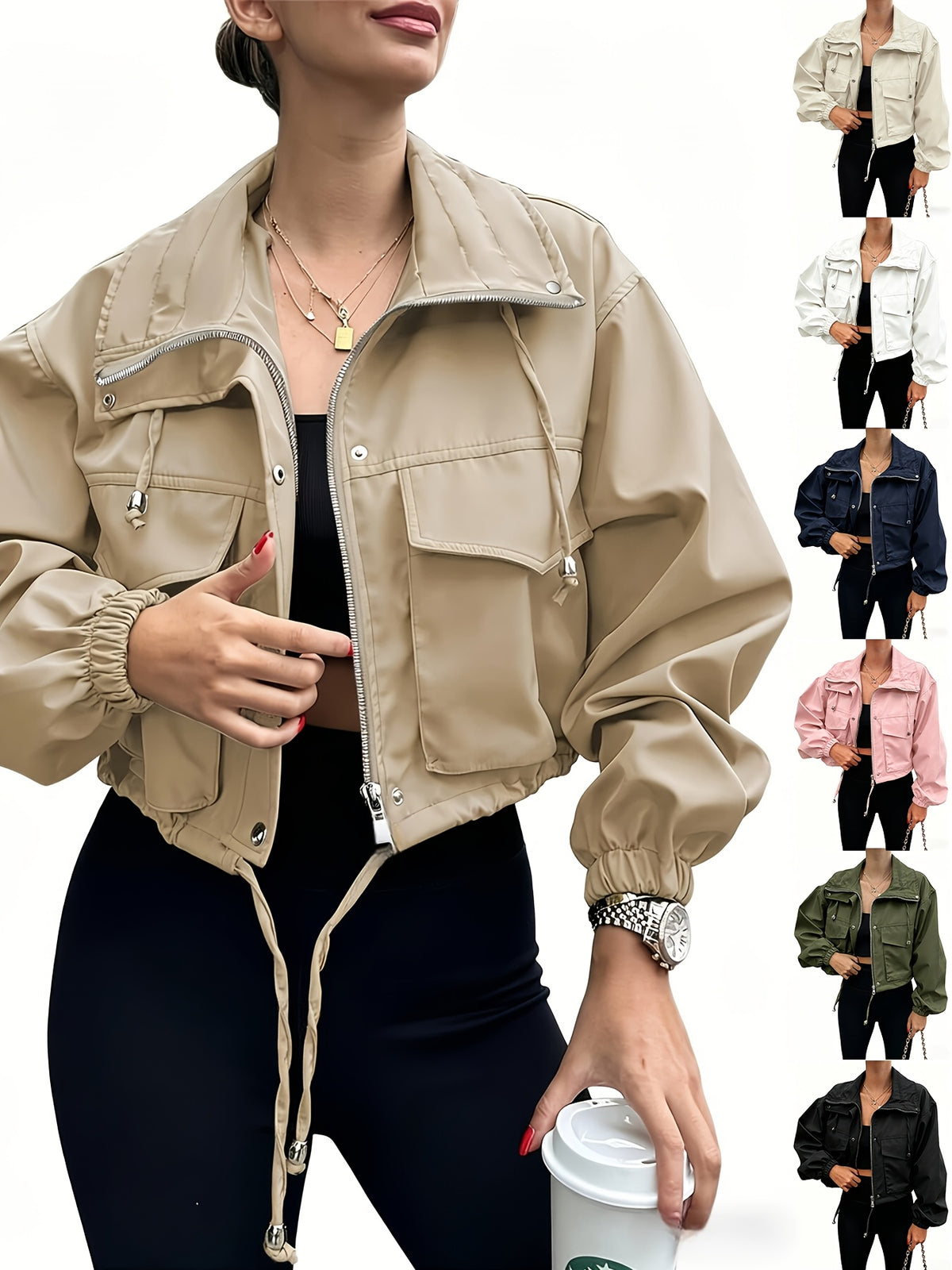 Cropped Jacket Women Zip Up Lightweight Oversized Drop Shoulder Utility Anorak Coat with Pockets Casual Streetwear Black Pink Apricot Navy White Green Khaki S-XXL