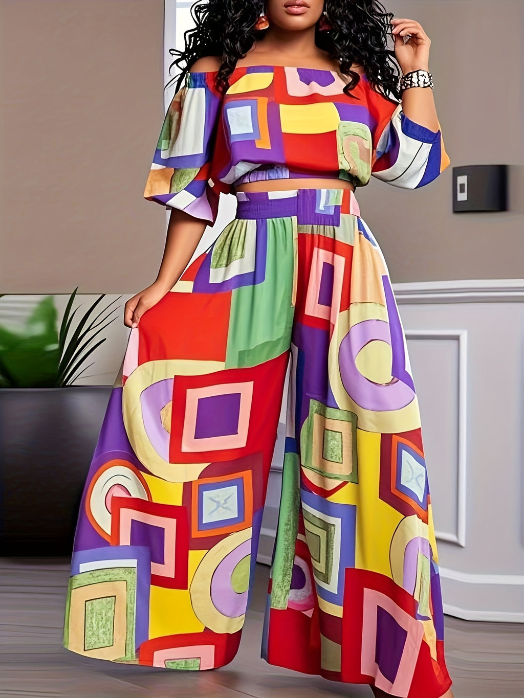 Women's Boho Print Crop Top and Wide Leg Pants 2-Piece Set Casual Summer Beach S-XXL