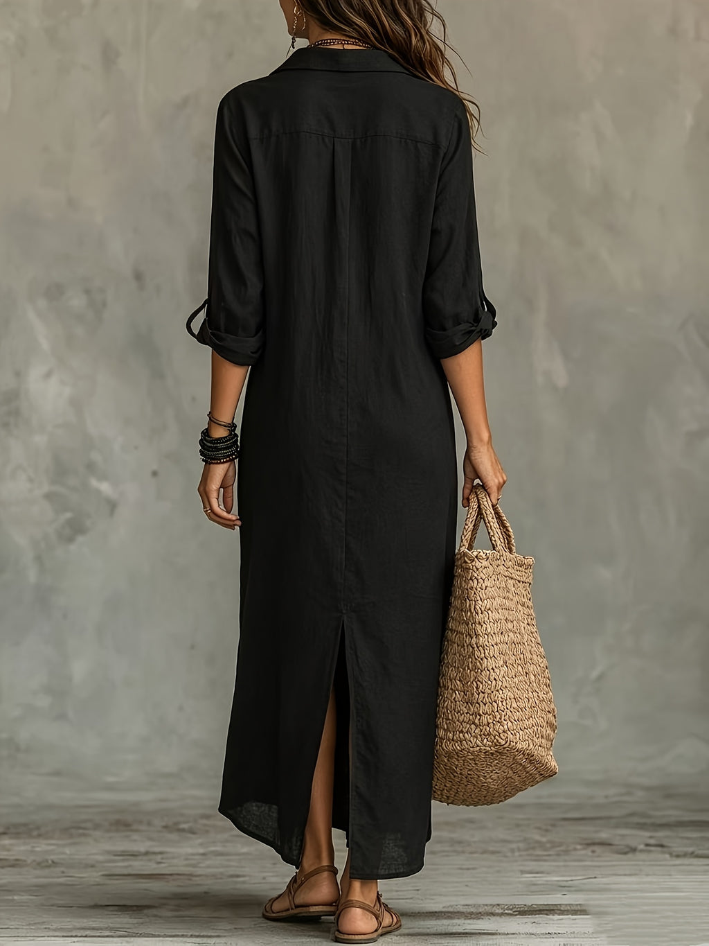 Women's Maxi Shirt Dress Button Front Slit Turn Collar Roll-Up Sleeve Boho Beach Casual S-XL