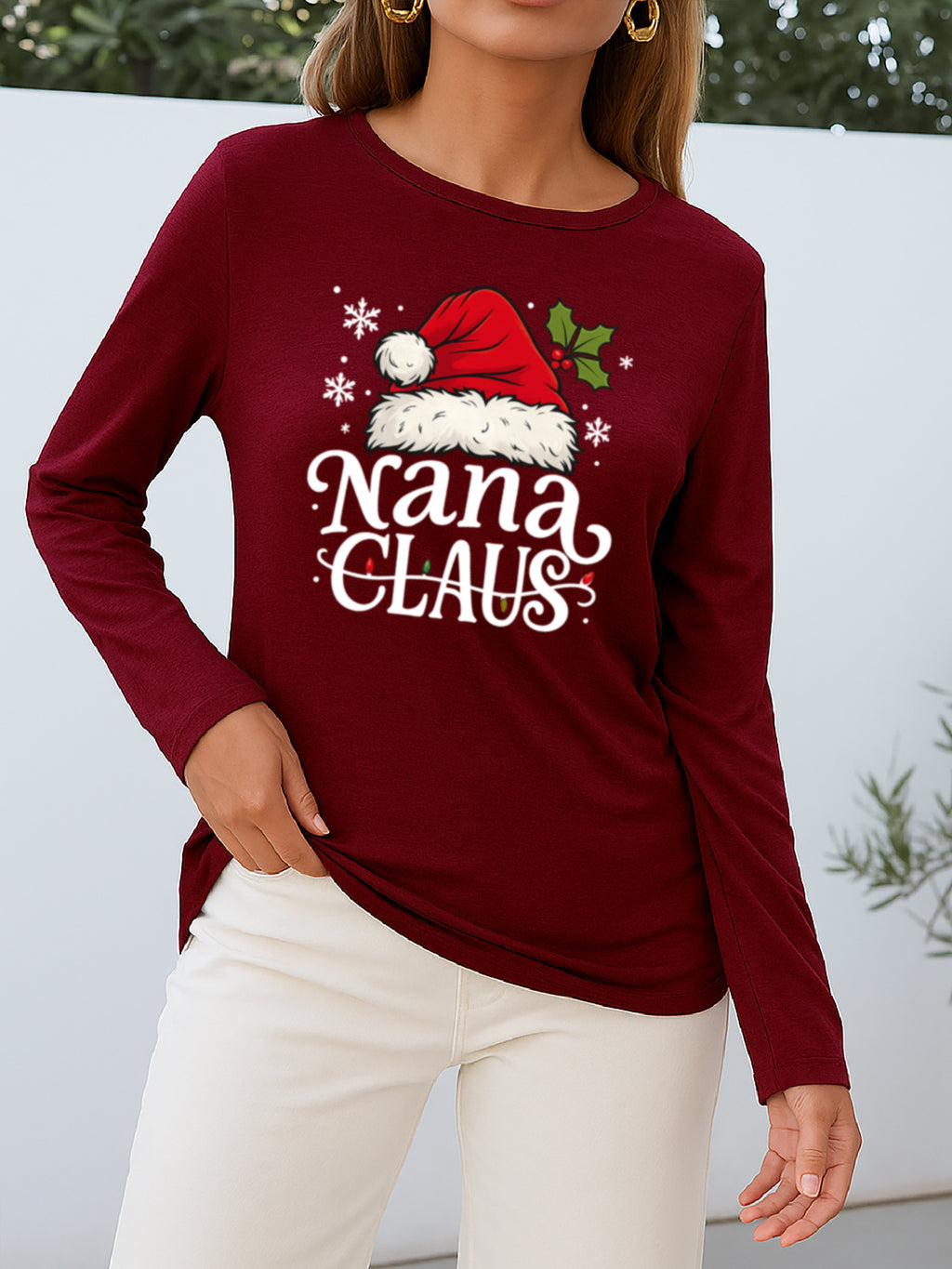 Nana Claus Santa Print Women Long Sleeve T-Shirt Crew Neck Holiday Christmas Grandma Gift Tee Soft Stretch Multi-Color Xmas Party