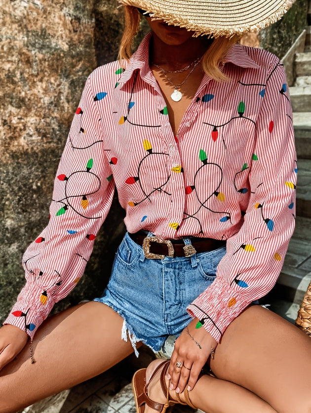 Christmas Lantern Print Shirt Women Pink Holiday Button Top Casual Loose Festive