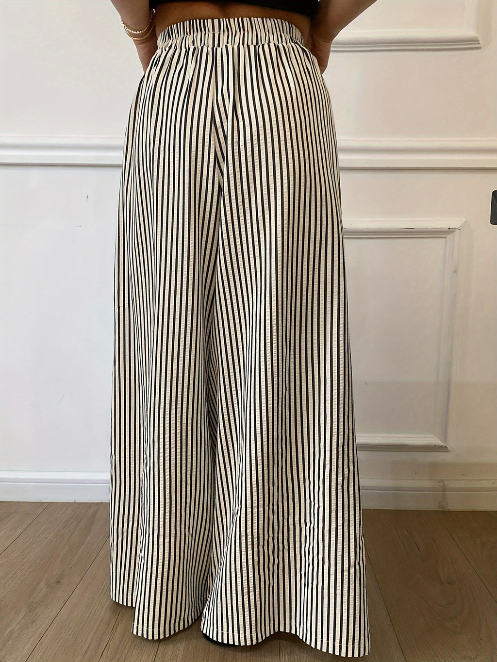 Striped Wide Leg Pants Women Elastic Waist Vertical Stripe Casual Trousers Comfortable Year Round Wear Machine Washable