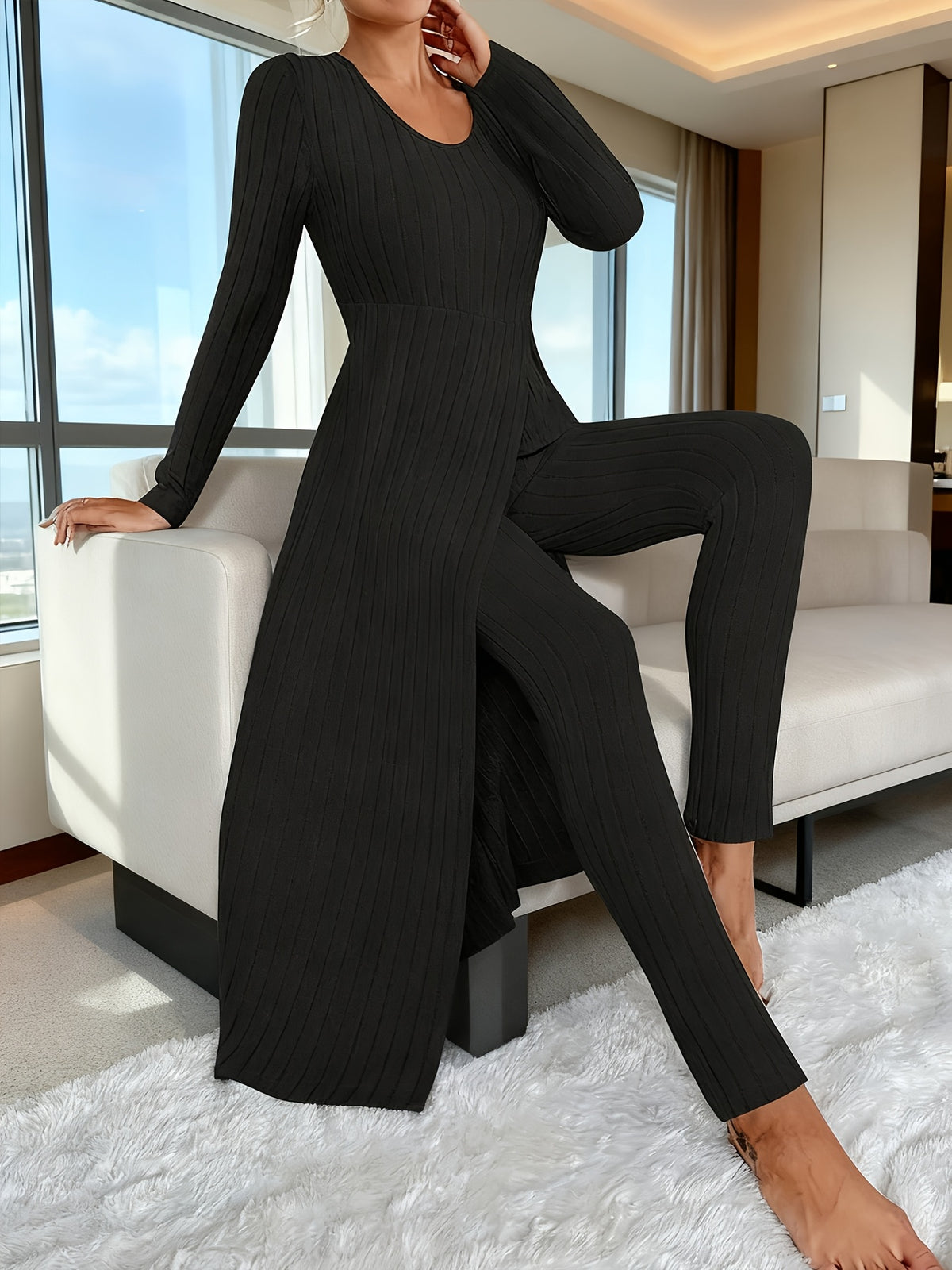 Heavyweight Fleece Lounge Set Women Oversized Long Sleeve Wide-Leg Pants Cozy Winter Two-Piece Ribbed Minimalist S-XL