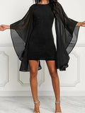 Sequin Mesh Sleeve A-Line Dress Women Solid Color High Elasticity 180gsm Elegant Cocktail Spring Summer Party Dress S-XXL