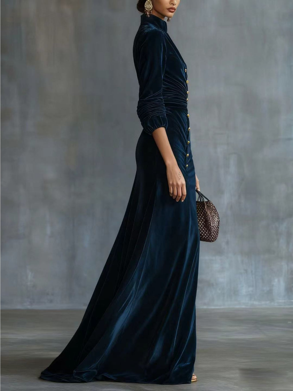 Navy Velvet Fishtail Dress Women Stand Collar Golden Buttons Waist-Defining Mermaid Hem Evening Party Glamorous Formal Dress