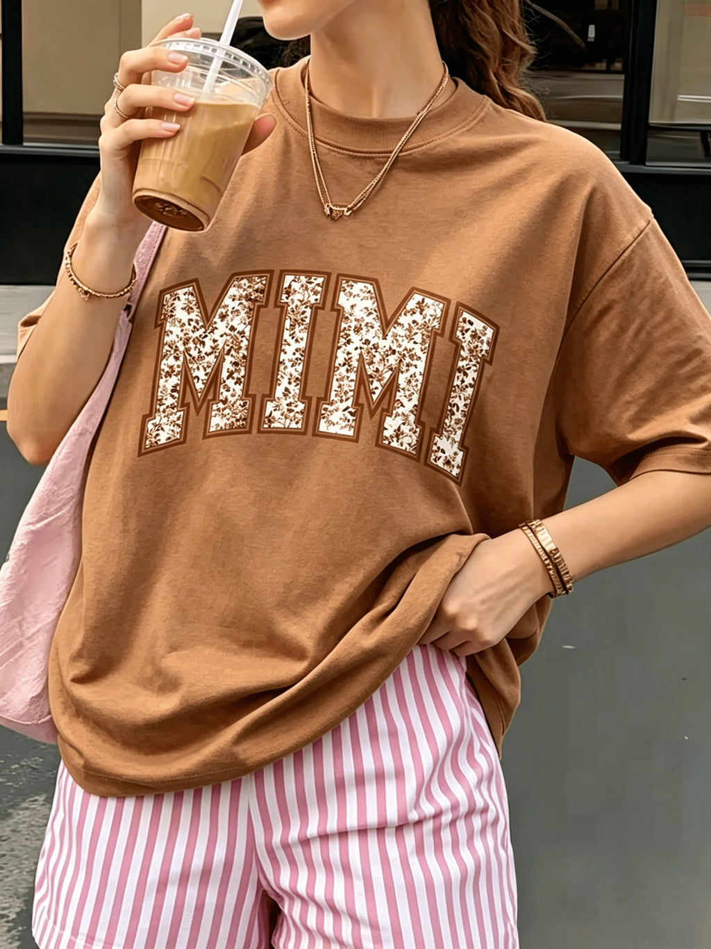 Floral MIMI Print Women T-Shirt Short Sleeve Loose Crew Neck Casual Graphic Tee Breathable Lightweight Everyday Top