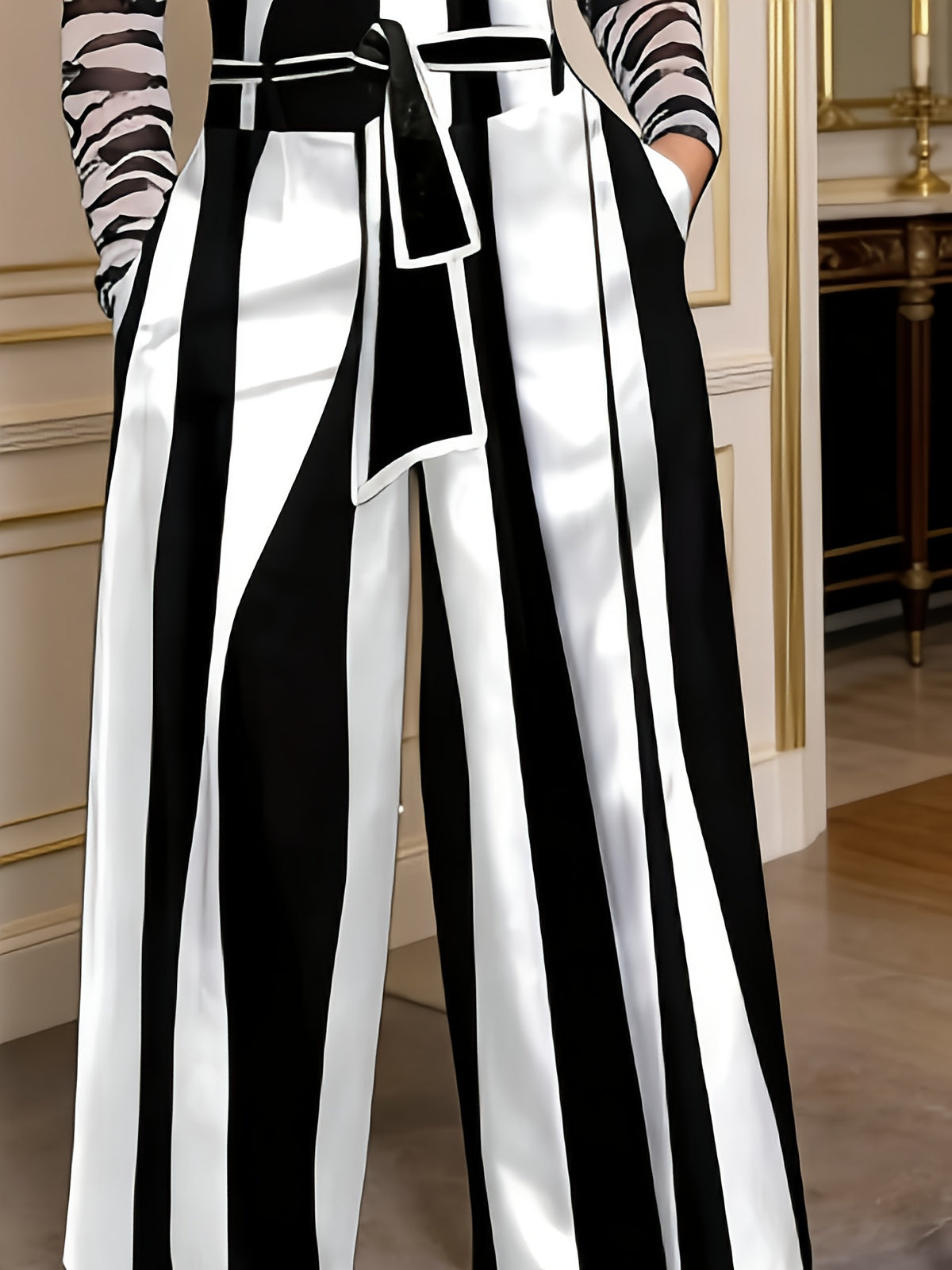Vertical Striped Palazzo Pants Women High Waist Black White Wide Leg Trousers with Belt Elegant Casual Chic S-XXL