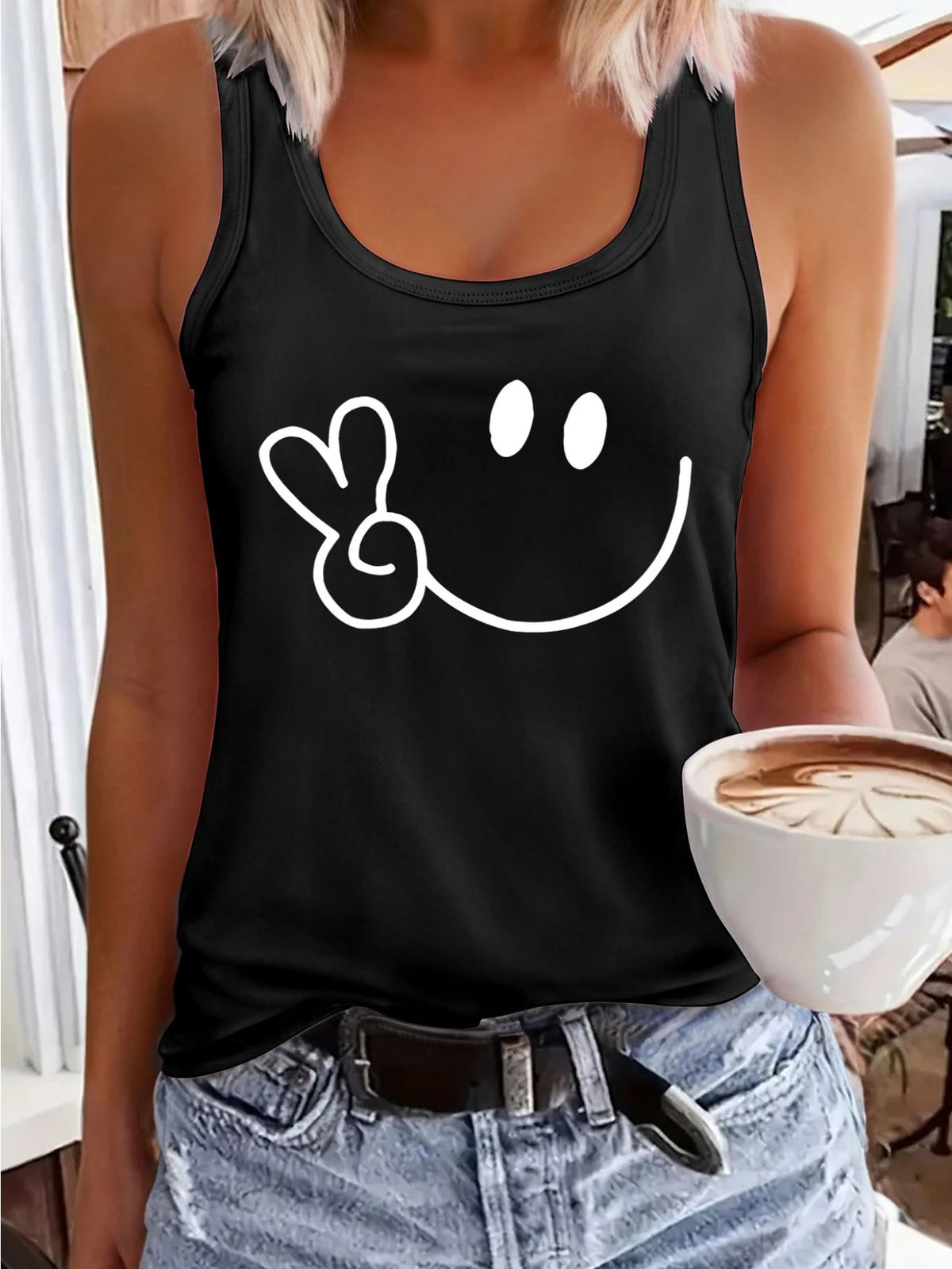 Smile Graphic Sleeveless Sports Vest for Women Elastic Athletic Tank Top Casual Outdoor Activewear Loose Fit Summer Leisure Shirt