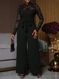 Black Lace Mock Neck Wide-Leg Jumpsuit Women Long Sleeve Belt Sheer Top Cocktail Dinner Formal Semi-Formal