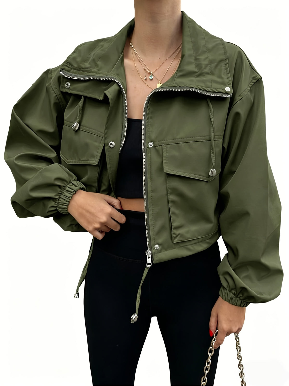 Cropped Jacket Women Zip Up Lightweight Oversized Drop Shoulder Utility Anorak Coat with Pockets Casual Streetwear Black Pink Apricot Navy White Green Khaki S-XXL