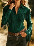 Women Vintage Fringe Lapel Button Blouse Long Sleeve Elegant Minimalist Shirt Chic Office Casual Top Spring Fall Women's Clothing