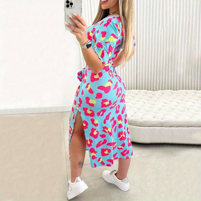 Color Block Patchwork Dress for Women Round Neck Short Sleeve Tie Waist Mid-Length Beach Summer Casual Dress Vacation Style