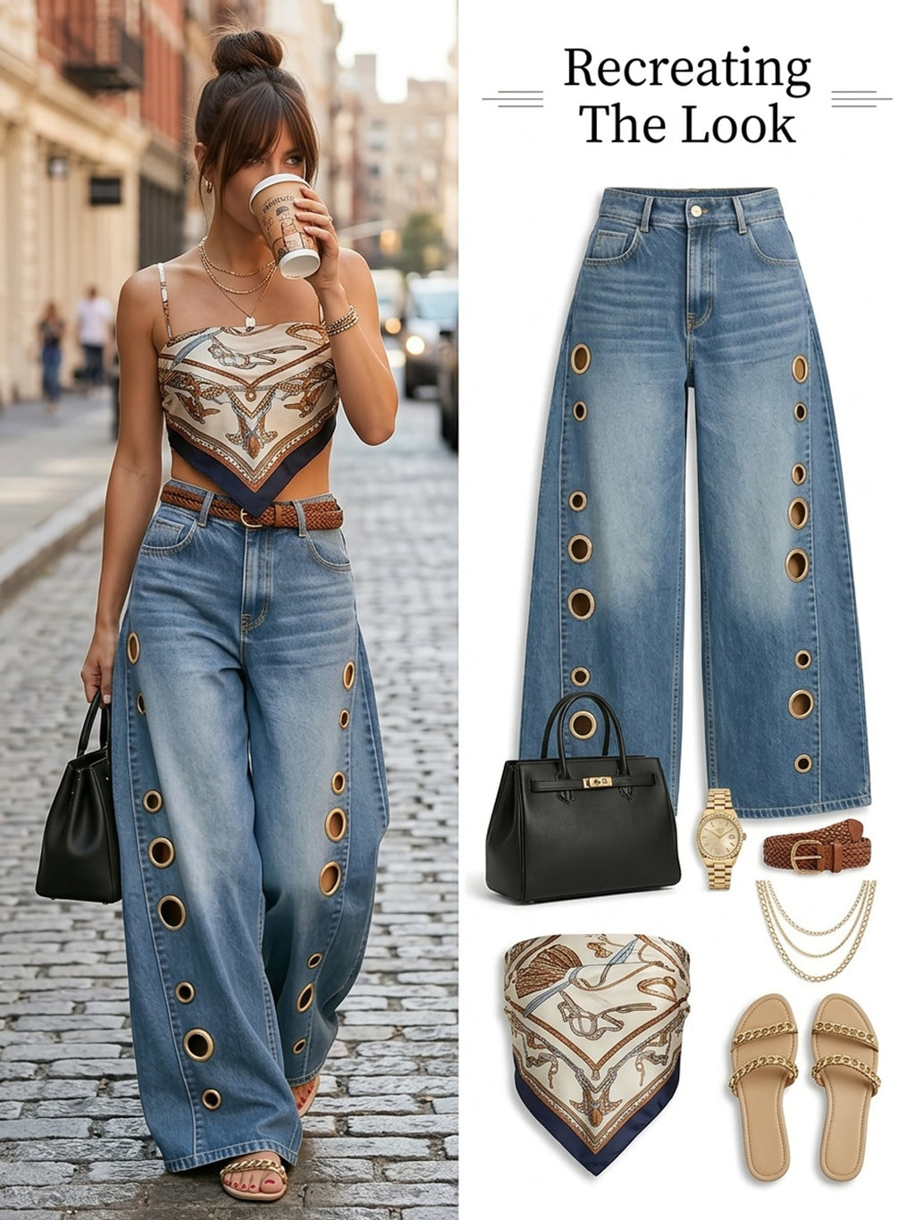 High Waist Wide Leg Jeans Women Retro Metal Eyelet Denim Pants Loose Casual Street Style Y2K Cool Streetwear